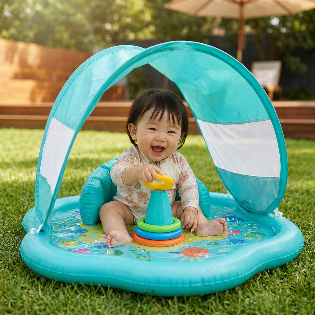 日よけ付きインフレータブル・ベビースプラッシュプレイマット ― 幼児向け水遊び＆紫外線対策