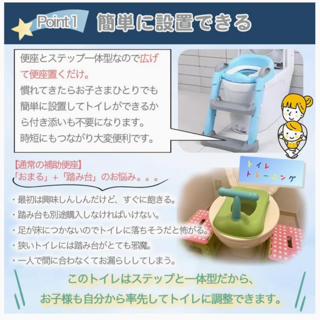【ママも安心】子どもがひとりでトイレできた！ステップ一体型補助便座 安心・安全設計 折りたたみ収納